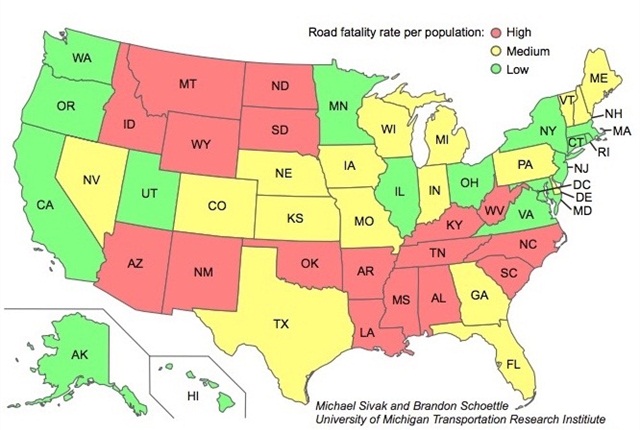 Fatality rate from road crashes per population, 2013. Source: UMTRI.